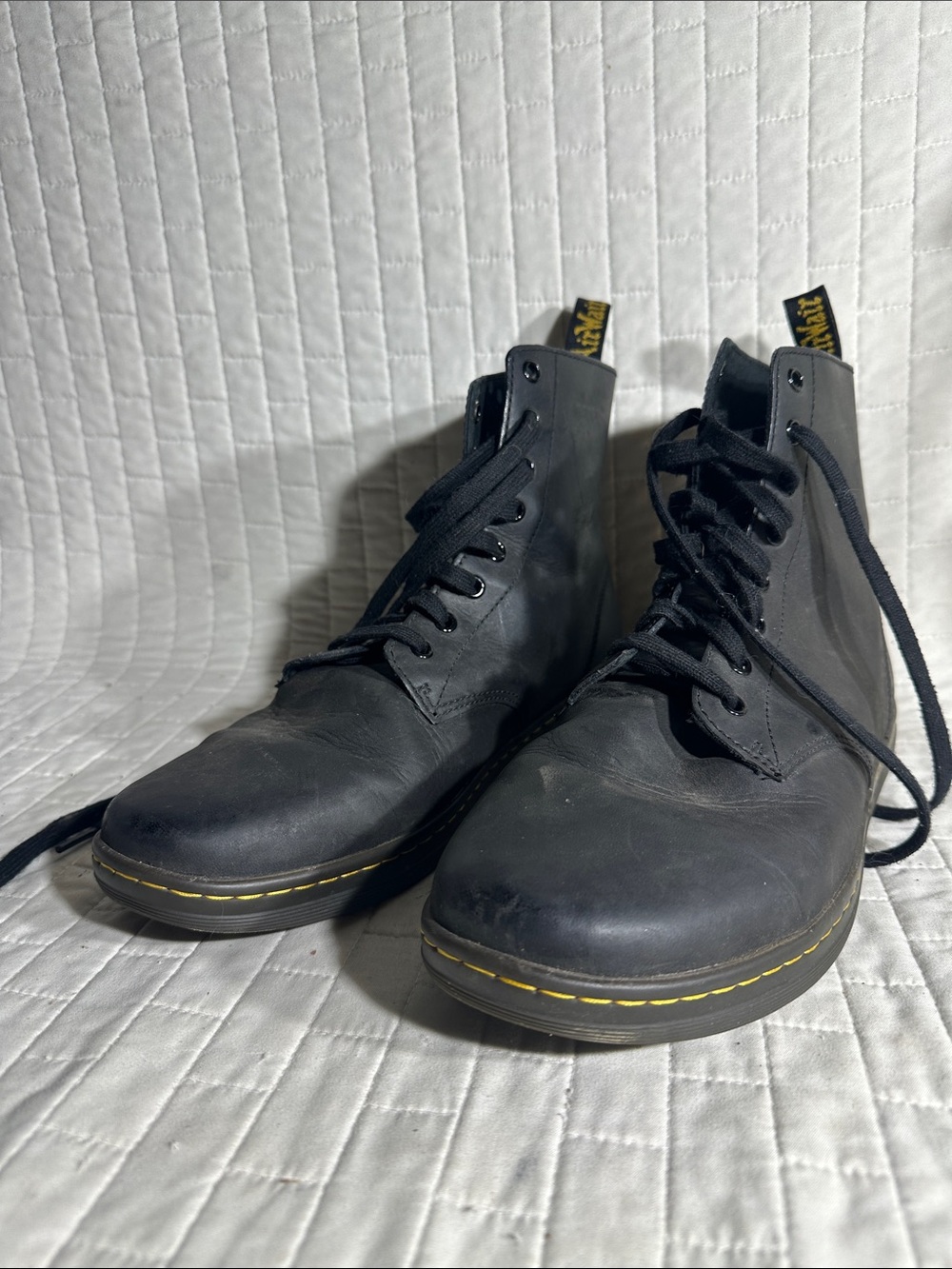 Dr. Martens Tobias Black Leather Lace-Up Men’s Boots with Yellow Stitching